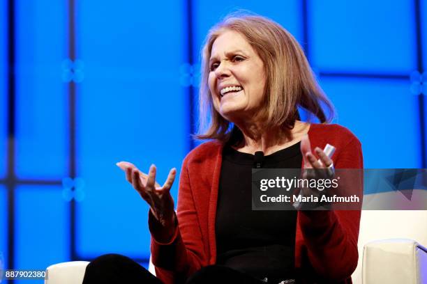 Activist Gloria Steinem speaks during the Massachusetts Conference for Women 2017 at the Boston Convention Center on December 7, 2017 in Boston,...