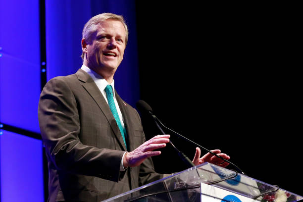 Governor of Massachusetts Charlie Baker speaks during the Massachusetts Conference for Women 2017 at the Boston Convention Center on December 7, 2017...