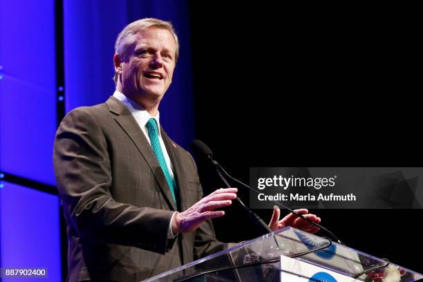 Governor of Massachusetts Charlie Baker speaks during the Massachusetts Conference for Women 2017 at the Boston Convention Center on December 7, 2017...