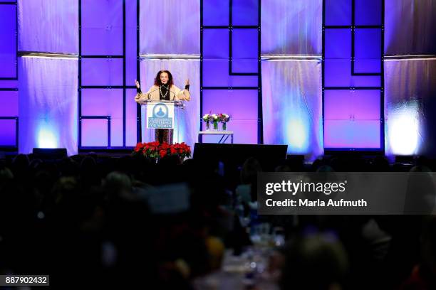 Designer Diane von Furstenberg speaks during the Massachusetts Conference for Women 2017 at the Boston Convention Center on December 7, 2017 in...