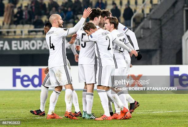 Rosenborg's players celebrate after scoring a goal during the UEFA Europa League group L football match between FK Vardar and Rosenborg BK at the...