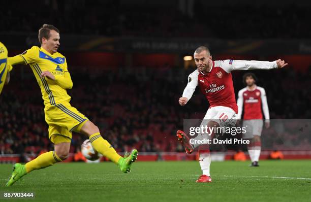 Jack Wilshere scores Arsenal's 3rd goal during the UEFA Europa League group H match between Arsenal FC and BATE Borisov at Emirates Stadium on...