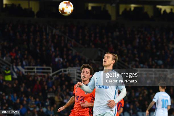 Aleksandr Kokorin of Zenit duels for the ball with Alvaro Odriozola of Real Sociedad during the UEFA Europa League Group L football match between...