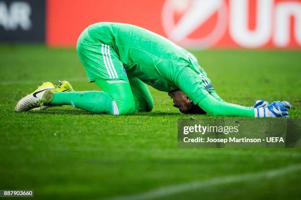 Heorhiy Bushchan of FC Dynamo Kyiv reacts after a collision during the UEFA Europa League group B match between FC Dynamo Kyiv and FK Partizan...