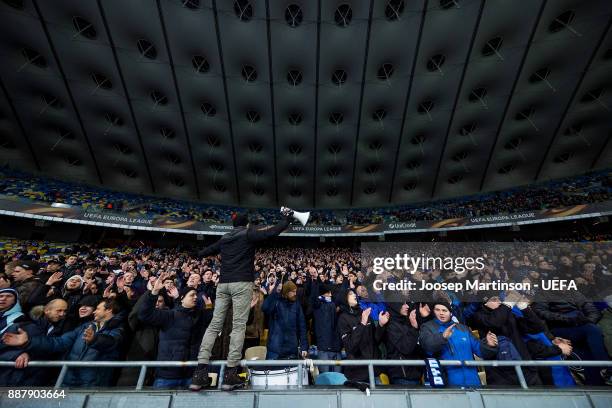 Dynamo fans chant during the UEFA Europa League group B match between FC Dynamo Kyiv and FK Partizan Belgrade at NSK Olimpiyskyi Stadium on December...