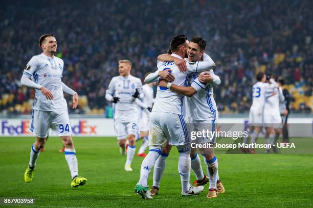 Junior Moraes of FC Dynamo Kyiv celebrates his second goal with Mykola Morozyuk of FC Dynamo Kyiv during the UEFA Europa League group B match between...