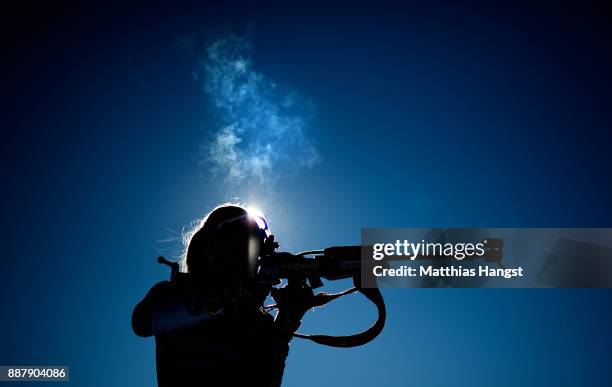 An athlete practices at the shooting range during the Official Training prior to the BMW IBU World Cup Biathlon on December 7, 2017 in Hochfilzen,...