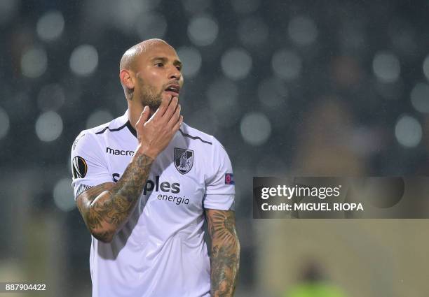 Vitoria Guimaraes' Brazilian forward Rafael Martins reacts after missing a goal opportunity during the UEFA Europa League group I football match...