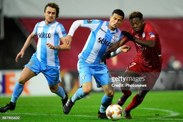 Aaron Leya Iseka forward of SV Zulte Waregem is fighting for the ball with Luis Felipe defender of S.S. Lazio during the UEFA Europa League group K...