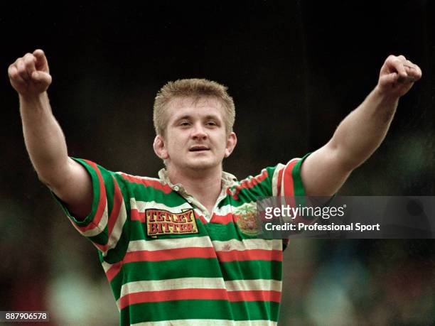 Graham Rowntree of Leicester Tigers celebrates victory over Bath, circa 1995.