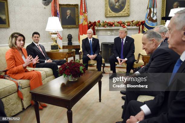 House Minority Leader Nancy Pelosi, a Democrat from California, from left, speaks as U.S. House Speaker Paul Ryan, a Republican from Wisconsin, U.S....