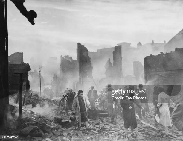 The ruins of Earl Street in Coventry during the devastating Coventry Blitz of World War II, November 1940. The most severe raid took place on the...