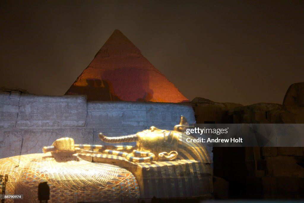 Pyramids of Khafre with projection, Cairo, Egypt.