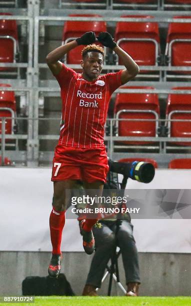 Zulte's Aaron Leya Iseka celebrates after scoring during the UEFA Europa League Group K football match between SV Zulte Waregem and Lazio at The...