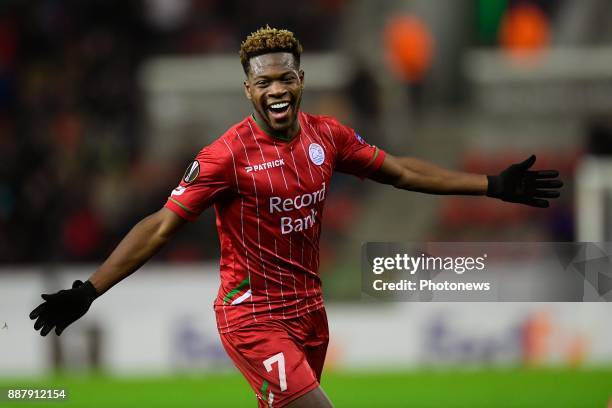 Aaron Leya Iseka forward of SV Zulte Waregem celebrates scoring a goal during the UEFA Europa League group K stage match between SV Zulte Waregem and...