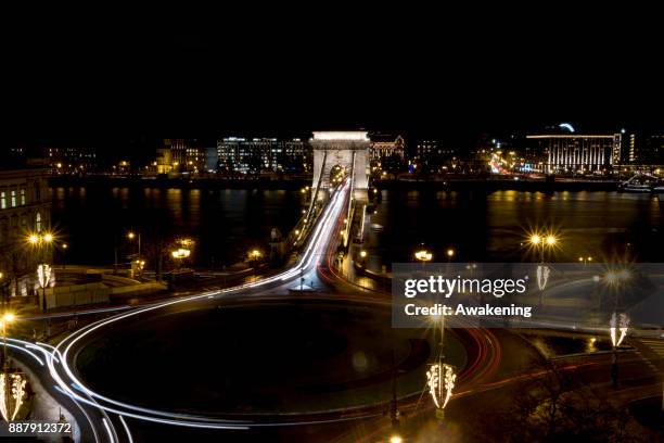 General view over the Szechenyi Chain Bridge on December 7, 2017 in Budapest, Hungary. The traditional Christmas market and lights will stay until...