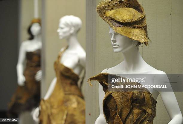 Mannequins wearing fashion made from the spathe of palm trees by French designer Patrick Lafrontiere are on display at "thekey.to" sustainable...