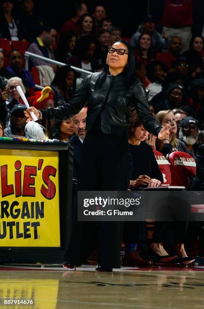 Head Coach Dawn Staley of the South Carolina Gamecocks watches the game against the Maryland Terrapins at Xfinity Center on November 13, 2017 in...