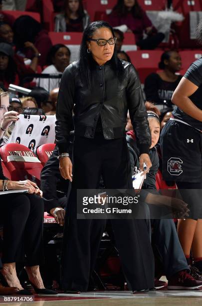 Head Coach Dawn Staley of the South Carolina Gamecocks watches the game against the Maryland Terrapins at Xfinity Center on November 13, 2017 in...
