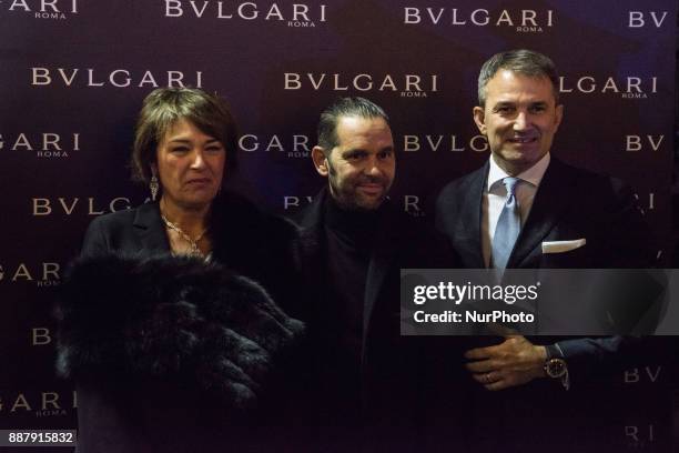 Tiziana Cuscuna, Roberto D'Amato and Lelio Gavazza attend Christmas Lights At Bvlgari Boutique Rome on December 7, 2017 in Rome, Italy