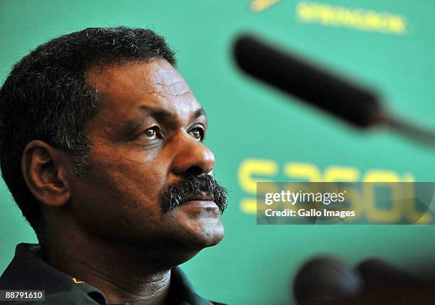 Coach, Peter de Villiers during the Springboks press conference and team announcement at the Sun Square Hotel in Fourways on July 2, 2009 in...