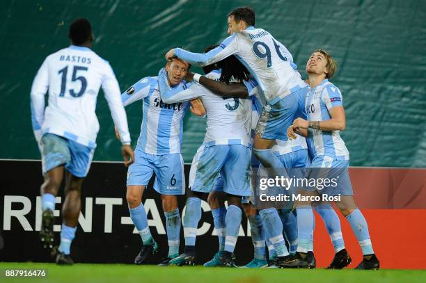 Lucas Leiva of SS Lazio celebrates a seconf goal with his team mates during the UEFA Europa League group K match between SV Zulte Waregem and SS...