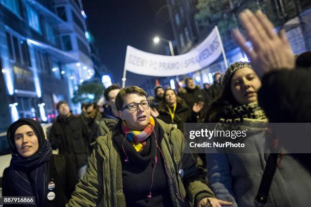 Woman during illegal demonstration near Polish parliament organized by opposition group Obywatele RP in Warsaw on December 7, 2017.