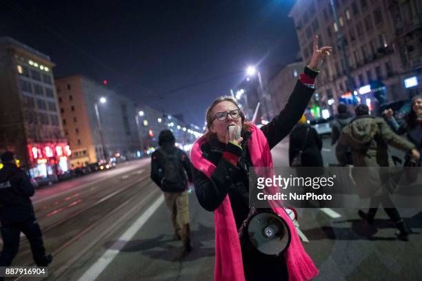 Woman during illegal demonstration near Polish parliament organized by opposition group Obywatele RP in Warsaw on December 7, 2017.