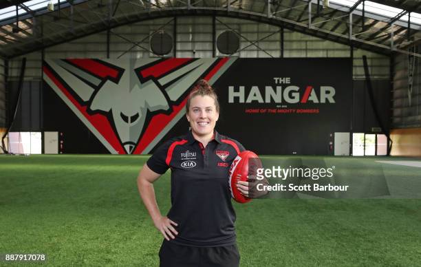 Lauren Morecroft of the Bombers poses at "The Hangar" during an Essendon Bombers Media Announcement & Training Session at Essendon Football Club on...