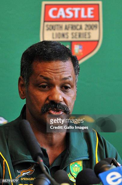 Coach, Peter de Villiers during the Springboks press conference and team announcement at the Sun Square Hotel in Fourways on July 2, 2009 in...