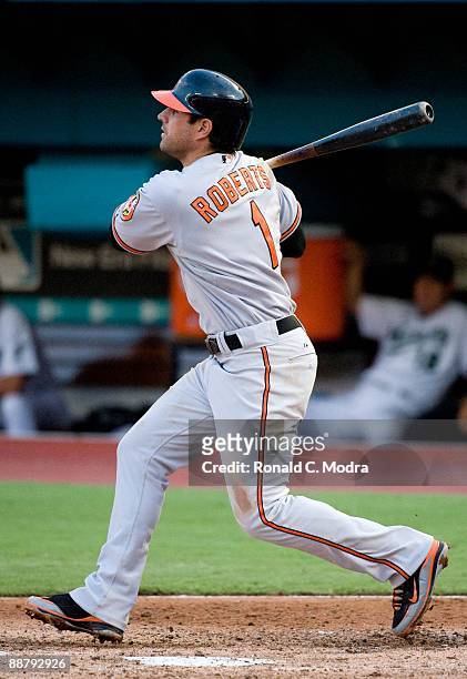 Brian Roberts of the Baltimore Orioles bats during a MLB game against the Florida Marlins at LandShark Stadium on June 24, 2009 in Miami, Florida.
