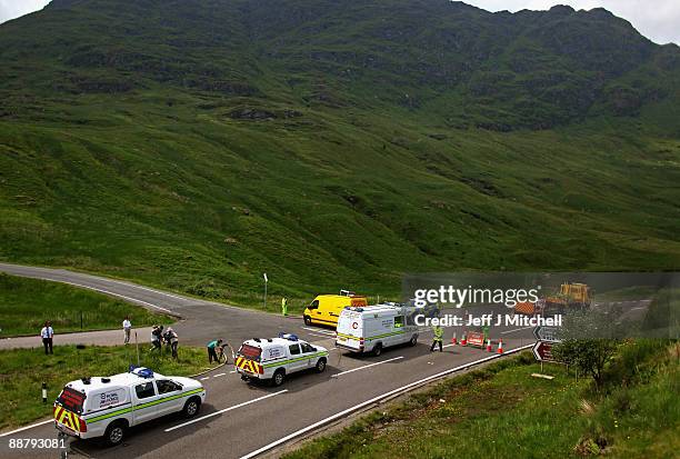 Royal Air force mountain rescue vehicles make there way through a police road block on the A83 in Argyll near to where an RAF Tornado has crashed on...