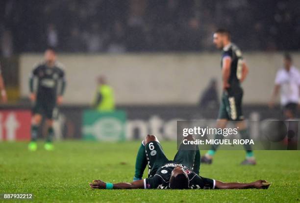 Konyaspor's Gabonese forward Malik Evouna reacts at the end of the UEFA Europa League group I football match between Vitoria and Konyaspor in...