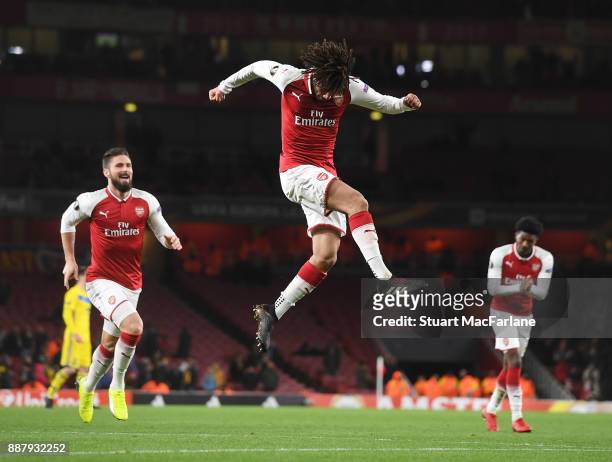 Mohamed Elneny celebrates scoring the 6th Arsenal goal during the UEFA Europa League group H match between Arsenal FC and BATE Borisov at Emirates...