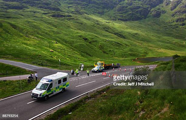 Police close the A83 in Argyll near to where an RAF Tornado has crashed on July 2, 2009 in Scotland. The Tornado was on a training flight and when it...