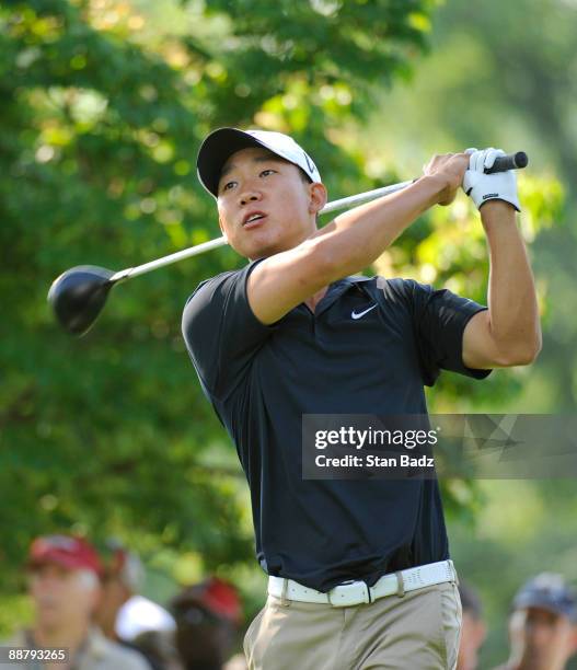 Anthony Kim hits a drive from the 15th tee box during the first round of the AT&T National at Congressional Country Club on July 2, 2009 in Bethesda,...