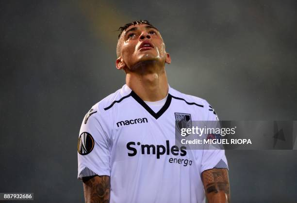 Vitoria Guimaraes' Brazilian midfielder Raphinha reacts during the UEFA Europa League group I football match between Vitoria and Konyaspor in...