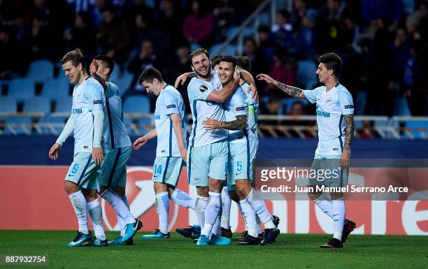 Leandro Paredes of Zenit St. Petersburg celebrates after scoring his team's third goal during the UEFA Europa League group L football match between...