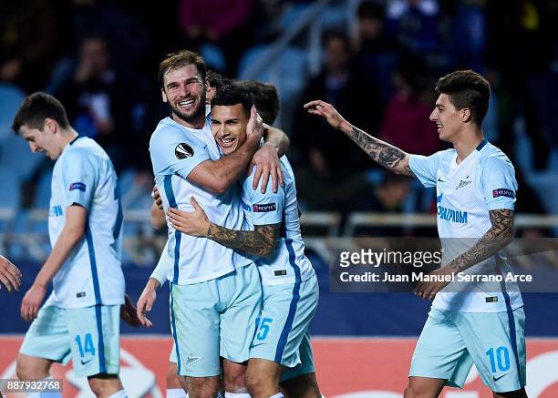 Leandro Paredes of Zenit St. Petersburg celebrates after scoring his team's third goal during the UEFA Europa League group L football match between...