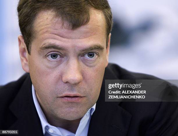 Russian President Dmitry Medvedev speaks during his visit to the Sevmash factory in the northern city of Arkhangelsk on July 2, 2009. Medvedev...