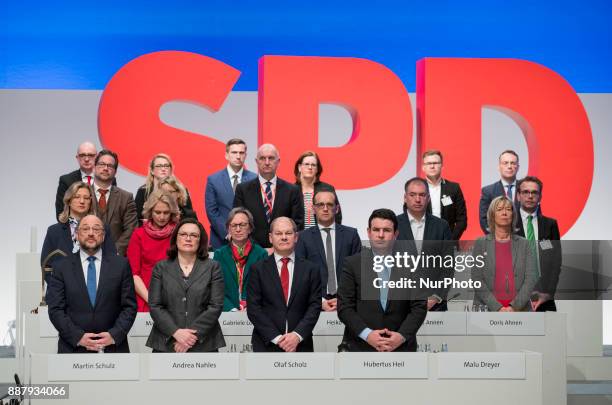 Martin Schulz, Andrea Nahles, Olaf Scholz and HUbertus Heil are pcitured during the party congress of the German Social Democratic Party in Berlin,...