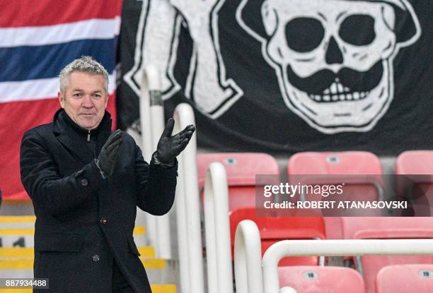 Rosenborg's coach Kare Ingebrigtsen waves to the fans after the UEFA Europa League group L football match between FK Vardar and Rosenborg BK at the...