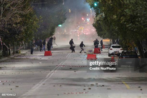 Serious fights among police and and a group of demonstrators during violent protests in Thessaloniki on Wednesday 6, December, marking the...