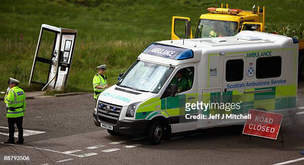 Police close the A83 in Argyll near to where an RAF Tornado has crashed on July 2, 2009 in Scotland. The Tornado was on a training flight and when it...