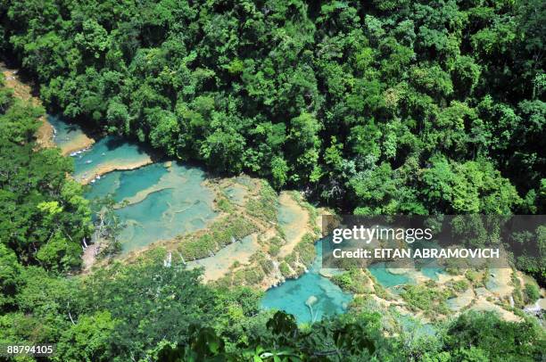 Aerial view taken on June 28 of Semuc Champey National Park in the department of Alta Verapaz, Guatemala. The Natural monument of Semuc Champey,...