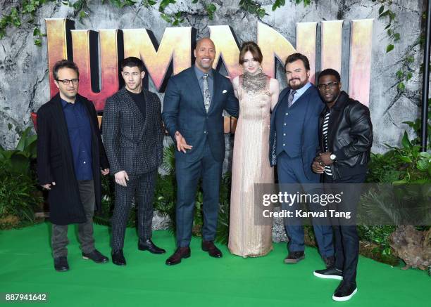 Director Jake Kasdan, Nick Jonas, Dwayne Johnson, Karen Gillan, Jack Black and Kevin Hart attend the UK premiere of "Jumanji: Welcome To The Jungle"...