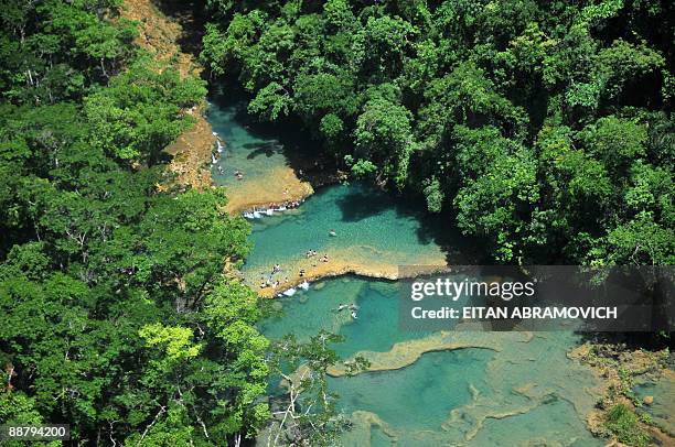 Aerial view taken on June 28 of Semuc Champey National Park in the department of Alta Verapaz, Guatemala. The Natural monument of Semuc Champey,...