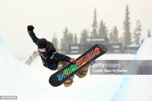 Elizabeth Hosking of Canada competes in a qualifying round of the FIS Snowboard World Cup 2018 Ladies' Snowboard Halfpipe during the Toyota U.S....