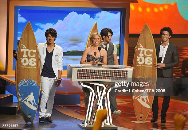 Singer Nick Jonas, actress Brittany Snow and singers Joe Jonas and Kevin Jonas onstage during the 2008 Teen Choice Awards at Gibson Amphitheater on...