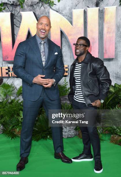 Dwayne Johnson and Kevin Hart attend the UK premiere of "Jumanji: Welcome To The Jungle" at Vue West End on December 7, 2017 in London, England.